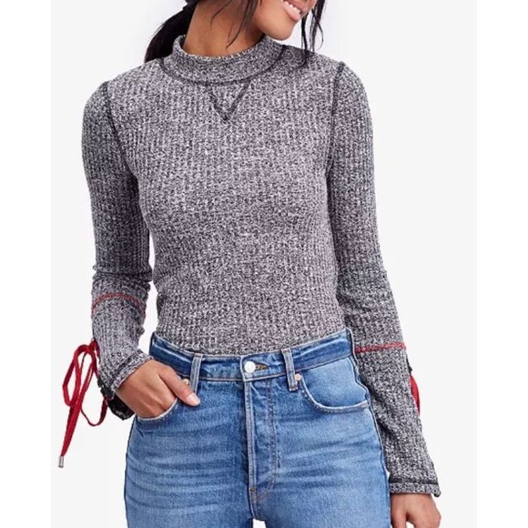 Free People Lace-Up-Sleeve Thermal Sweater Mountaineer Cuff Top Women's Size XS - Picture 7 of 9
